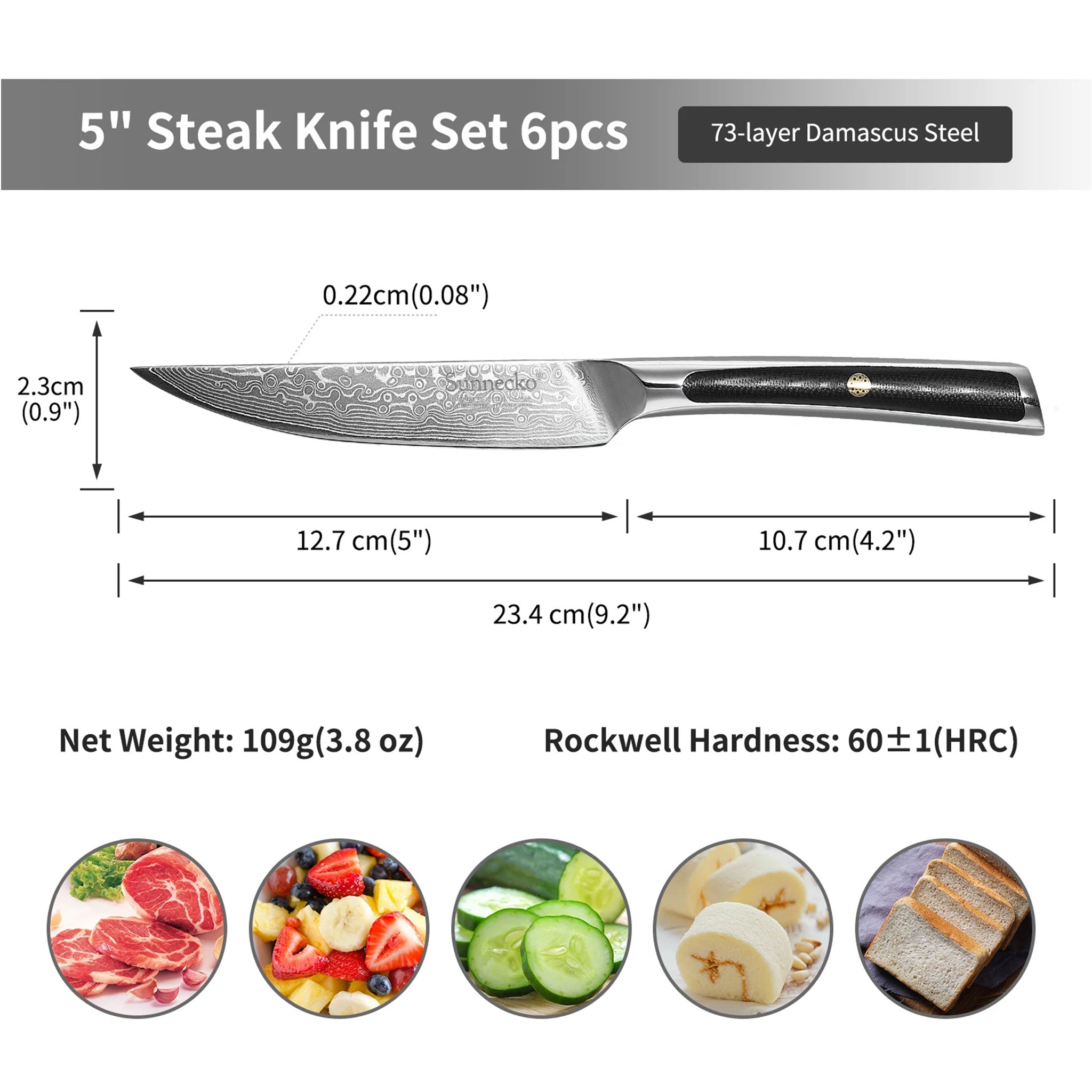 SUNNECKO 6-Piece VG10 Damascus Steak Knife Set – Serrated Dinner Blades