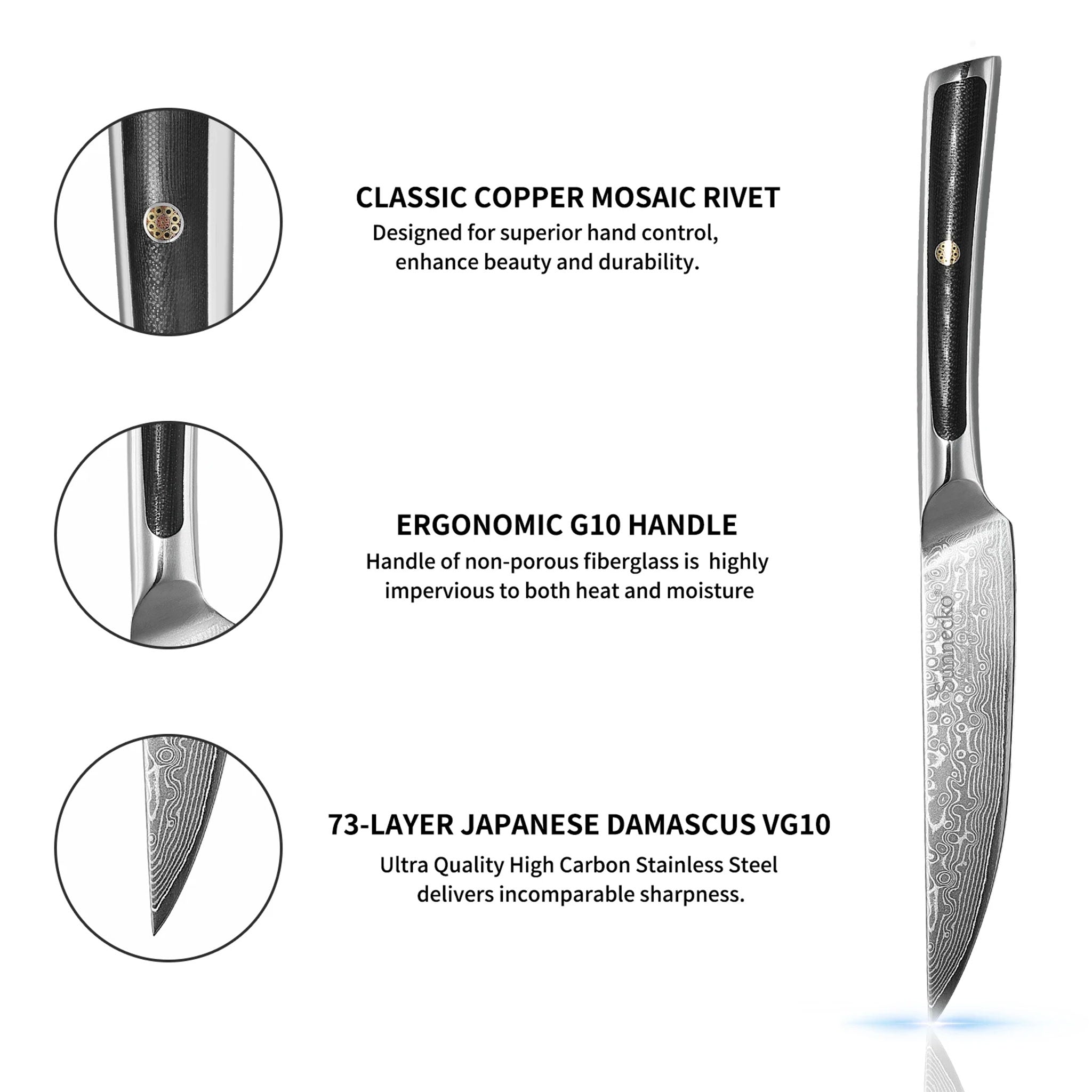 SUNNECKO 6-Piece VG10 Damascus Steak Knife Set – Serrated Dinner Blades