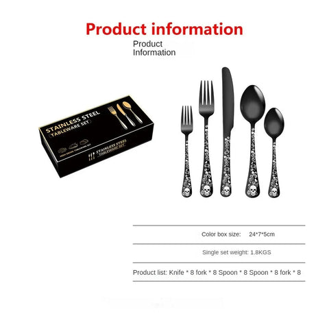 Stainless steel knife, fork and spoon set tableware Skull Western food gift box with 5 components for 4 people /8 people