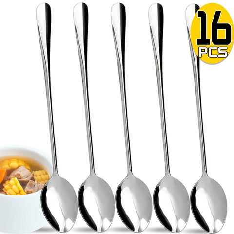 16/8PCS Stainless Steel Coffee Spoon Long Handle Ice Cream Dessert Stirring Tea Spoon for Picnic Kitchen Tableware Accessories