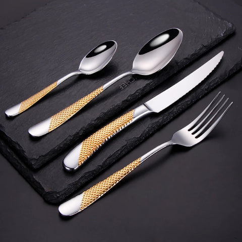 8/12/16/20/24Pcs Gold Plated Cutlery Set Kitchen Utensils Stainless Steel Western Tableware Sliver Fork Spoon Dishwasher Safe