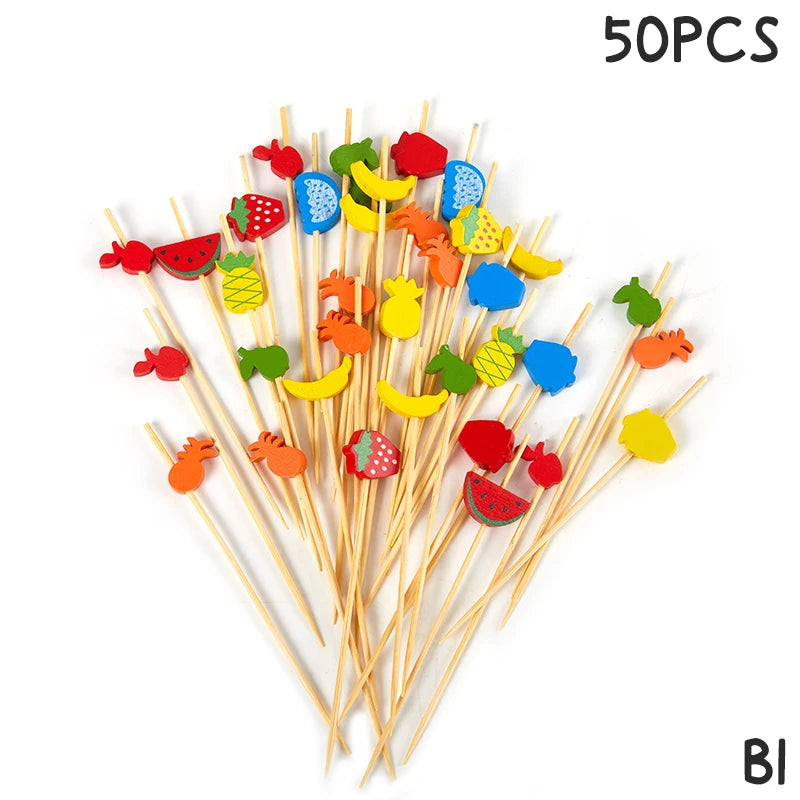 50/100Pcs Disposable Bamboo Skewers Food Cocktail Picks Buffet Fruit Cupcake Fork Sticks Party Table Decoration Supplies