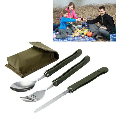 Stainless Steel Portable Folding Cutlery Set Fork Knife With  Green Pouch Survival Camping Bag Outdoor Cutlery Container