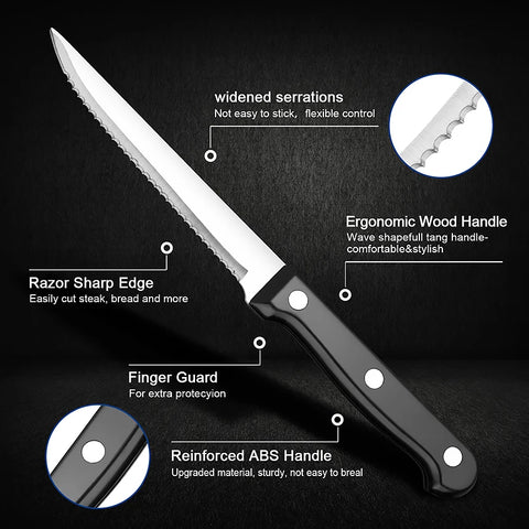 XITUO 6/8/10/12 PCS Steak Knife Sets High Carbon Steel Flatware Kitchen Tableware Chef Utility Serrated Knife Black ABS Handle