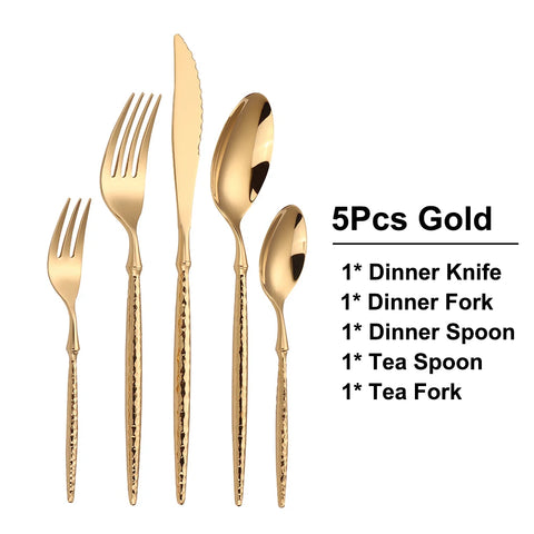 16/20/24Pcs Stainless Steel Tableware Set Gold Cutlery Sliver Knife Fork Spoon Western Hammer Pattern Handle Dinner Set Flatware