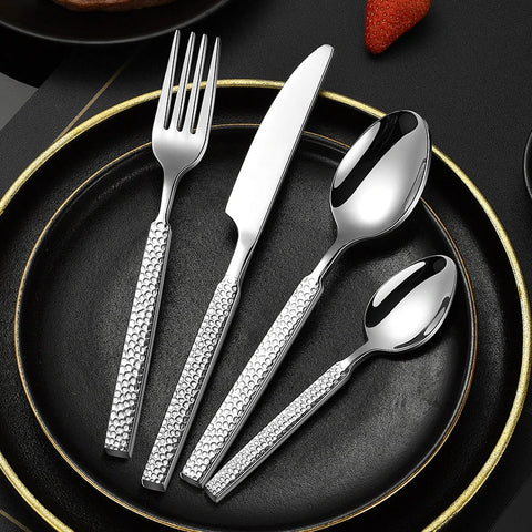 Thicken Stainless Steel Cutlery Set Western Hammered Pattern Spoon Fork Knife Dinnerware Set Tableware Utensils for Kitchen