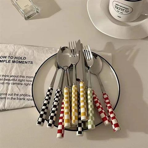 Korean Checkerboard Knife Fork Spoon Stainless Steel Cutlery Fork Knife Soup Dessert Ice Spoon Complete Dinner Dinnerware Set