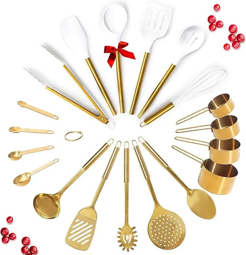 Gold Kitchen Utensils Set - 19 PC Luxury Set Includes Stainless Steel Gold Cooking Utensils Set, White Silicone Cooking Utensils