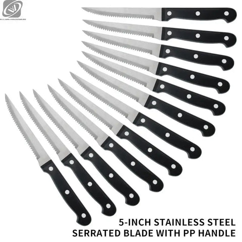 4/6/8/12 Pcs Steak Knives Set Sharp Blade Black PP Handle Outdoor BBQ Picnic Meat Cutter Multi-function Fish Cutting Knife