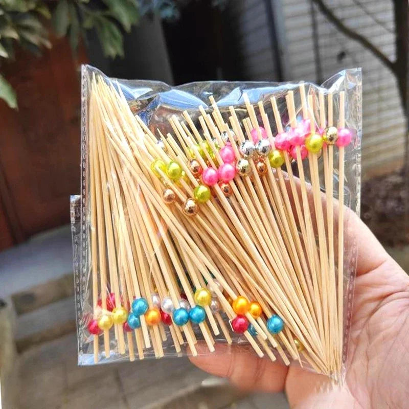 100Pcs Gold Beads Bamboo Fruit Sticks 12cm Fruit Salad Snack Fork Cocktail Decor Cake Buffet Toothpicks Wedding Party Supplies