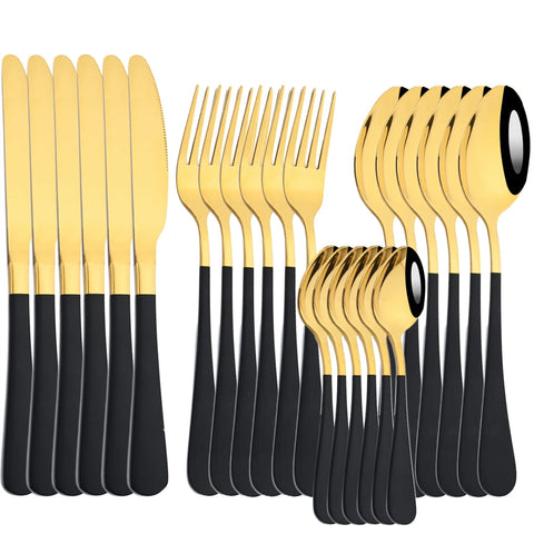 AJOYOUS Dinnerware Set Stainless Steel Mirror 24Pcs Tableware Western Knife Fork Spoon Flatware Cutlery Set Kitchen Silverware