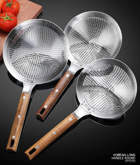 Extra Large Kitchen Strainer Skimmer with Sturdy Wood Handle - 304 Stainless Steel Slotted Spoon Colander, Kitchen Tools