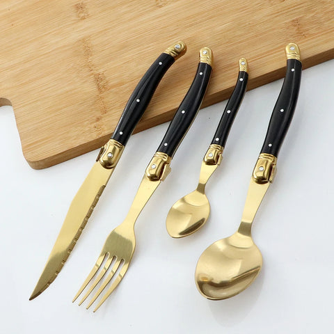 6Pcs Golden Silverware Laguiole Cutlery Set Stainless Steel Luxury Sharp Steak Knives Forks Soup Spoons Teaspoons Set