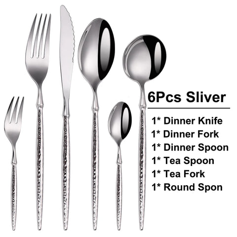 16/20/24Pcs Stainless Steel Tableware Set Gold Cutlery Sliver Knife Fork Spoon Western Hammer Pattern Handle Dinner Set Flatware