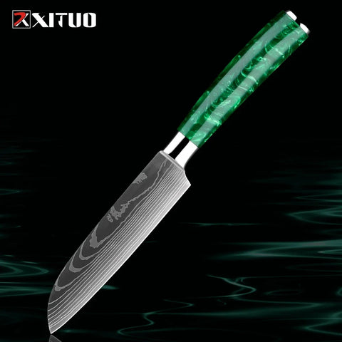 Pro Chef Knife Set 1-8PCS,7Cr17Mov Steel Kitchen Cooking Knives Utility Knife Super sharp Blade Ergonomic Green Resin Handle