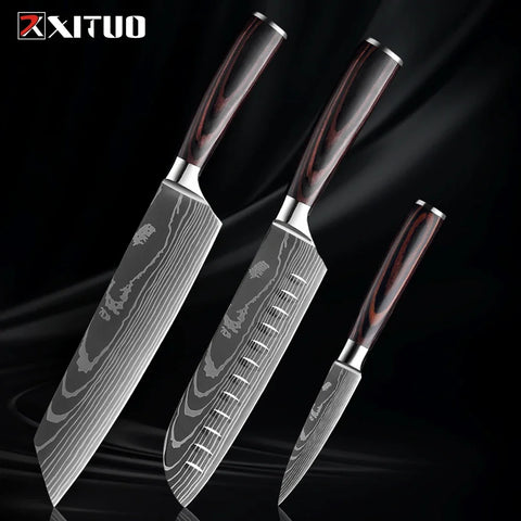 Professional Kitchen Knife Set 1-9PCS, Sharp Chef Knife Santoku Knife Fruit knife 7Cr17Mov Stainless Steel Ergonomic Wood Handle