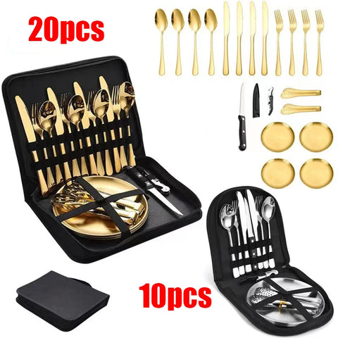 Ultimate Camping Tableware Set with Bag Portable Cutlery Kit for Outdoors Camping Utensils Including Steak Knives,Forks,Spoons