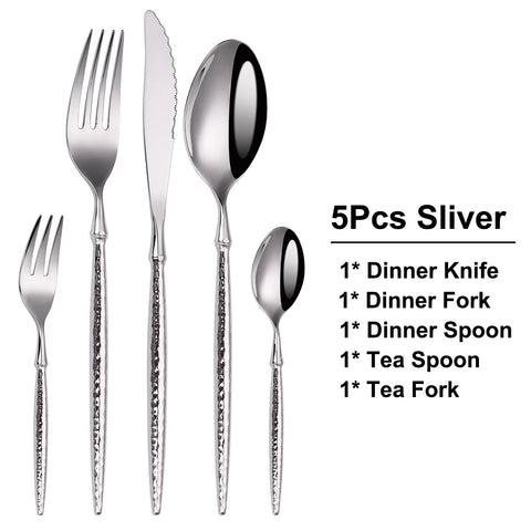 16/20/24Pcs Stainless Steel Tableware Set Gold Cutlery Sliver Knife Fork Spoon Western Hammer Pattern Handle Dinner Set Flatware