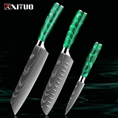 Pro Chef Knife Set 1-8PCS,7Cr17Mov Steel Kitchen Cooking Knives Utility Knife Super sharp Blade Ergonomic Green Resin Handle