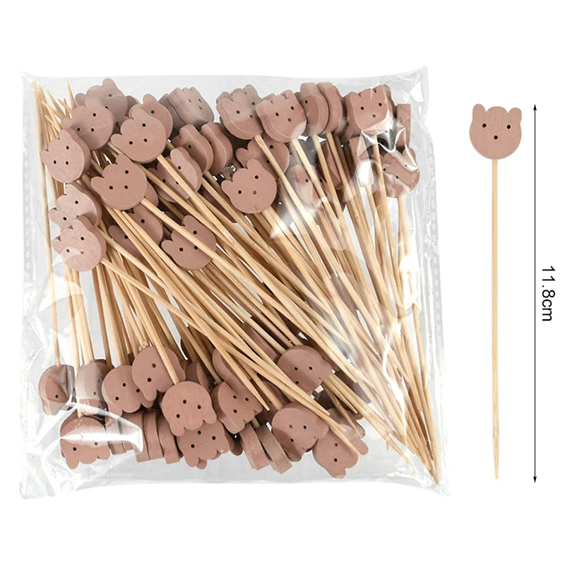 100pcs Disposable Bamboo Food Fruit Toothpick Cute Bear Flamingo Buffet Cake Dessert Fork Stick for Wedding Birthday Party Decor
