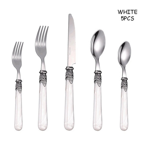 Stainless Steel Flatware Set, Knife, Fork, Spoon, Marble Plastic Handle, Household Light, Luxury Dessert Scoop, Steak Sword