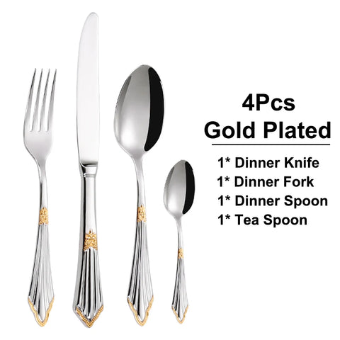 8/12/16/20/24 Pieces Gold Plated Cutlery Set Knife Fork Spoon Set Stainless Steel Western Tableware Mirror Dinnerware Flatware