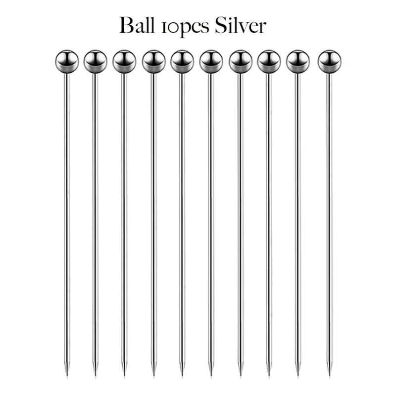 10PCS Cocktail Pick Cocktail Stick Stainless Steel Fruit Sticks Drink Stirring Sticks Martini Picks- Circle/Ball/Hat Shape