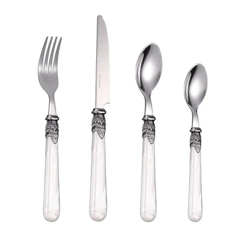 4pcs/set White Dinnerware Set Stainless Steel Steak Knife Fork Coffee Spoon Teaspoon Flatware Dishwasher Safe Kitchen Tablewar