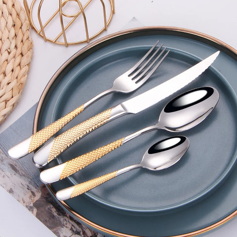 8/12/16/20/24Pcs Gold Plated Cutlery Set Kitchen Utensils Stainless Steel Western Tableware Sliver Fork Spoon Dishwasher Safe