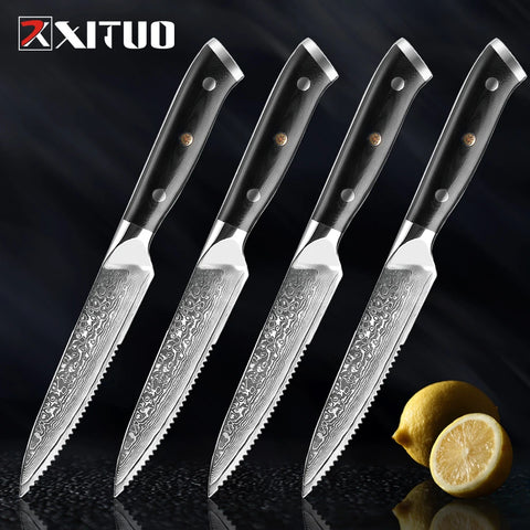 XITUO High Quality Damascus Steak Knife Set Japanes VG10 Steel Black G10 Handle Western Knife Home&Restaurant Dinner Meat Knives