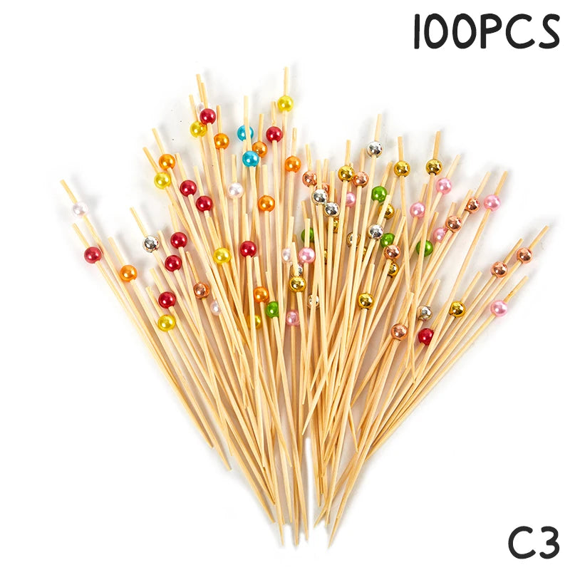50/100Pcs Disposable Bamboo Skewers Food Cocktail Picks Buffet Fruit Cupcake Fork Sticks Party Table Decoration Supplies