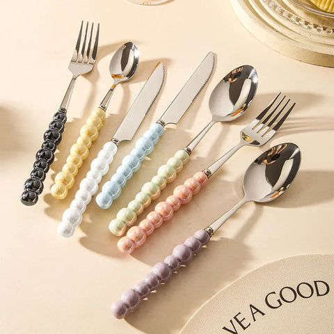 Ceramic Pearl Handle Cutlery Set  Knife Fork Spoon Creative Cute Soup Spoon Western Food Steak Knife Spoon and Fork Set