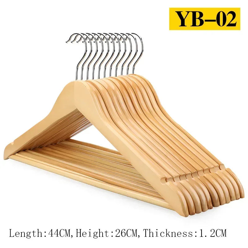 10Pcs/set Adult Extra-Wide Seamless Solid Wood and Metal Hook Wooden Hangers with Notches Non-slip for Clothes Shelf Rack