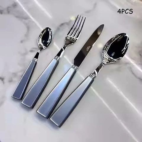 Stainless Steel Dinnerware Set with Luxurious Seashell Handle, Red and White Dinner Knife, Scoop and Fork