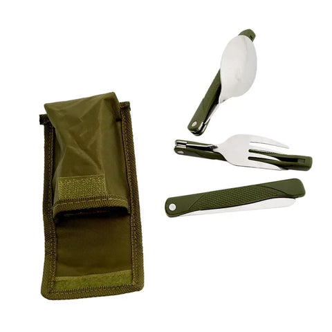 Stainless Steel Portable Folding Cutlery Set Fork Knife With  Green Pouch Survival Camping Bag Outdoor Cutlery Container