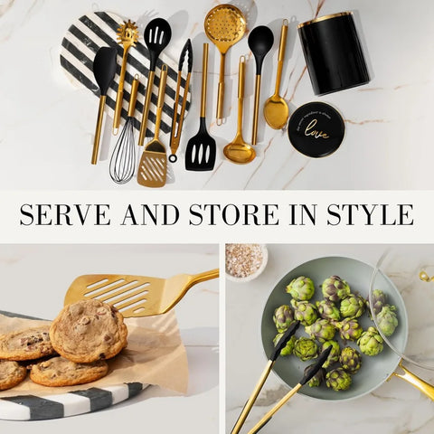 Styled Settings Black and Gold Cooking Utensils Set -13 PC Black and Gold Kitchen Utensils Set Includes Black Ceramic Utensil