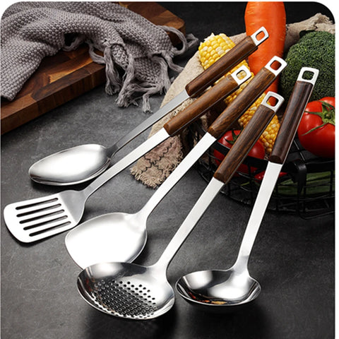 Hanging Wood Clip Handle Cooking Utensils Stainless Steel Spatula Colander Frying Spatula Soup Spoon Kitchen Accessories