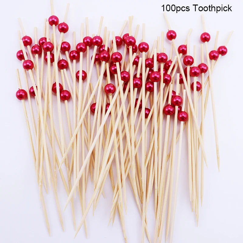 100pcs Pearl Bamboo Food Fruit Picks Fancy Cocktail Toothpicks For Birthday Wedding Valentine's Day Decoration Party Supplies