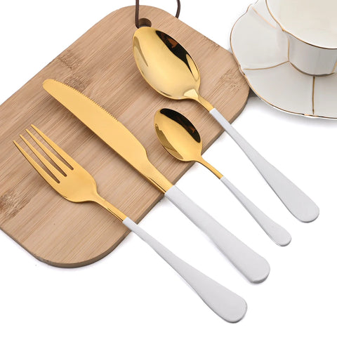 AJOYOUS Dinnerware Set Stainless Steel Mirror 24Pcs Tableware Western Knife Fork Spoon Flatware Cutlery Set Kitchen Silverware