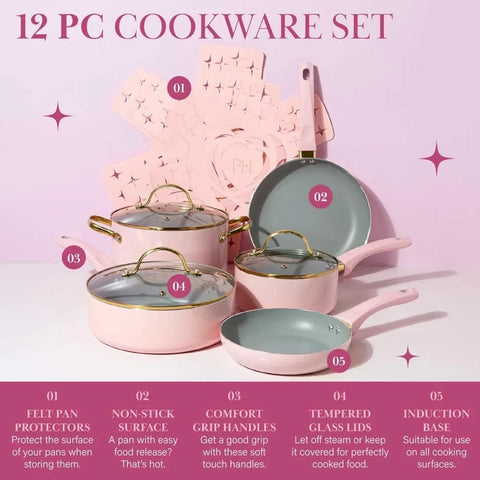 Paris Hilton Epic Nonstick Pots and Pans Set, Multi-layer Nonstick Coating, Tempered Glass Lids, Soft Touch, Stay Cool Handles