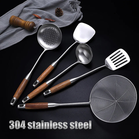 304 Stainless Steel Wood Handle Wide Fried Fish Spatulas Steak Shovel Fish Turner Slotted Beveled Kitchen Cooking Utensils