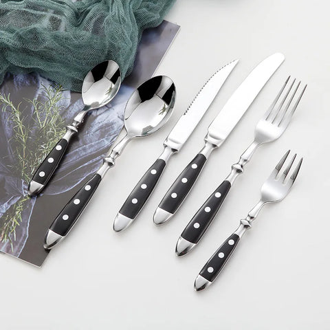 Hotel Stainless Steel Table Knife Fork Spoon Sets Teaspoon Teafork Steak Knife Cutlery Restaurant Serviing Set Black Wood Handle