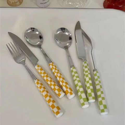 Korean Checkerboard Knife Fork Spoon Stainless Steel Cutlery Fork Knife Soup Dessert Ice Spoon Complete Dinner Dinnerware Set