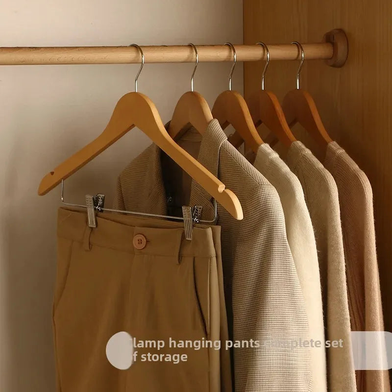 Home Use Wooden Clothes Hanger Anti-Slip Seamless Design With Clip Hotel Quality Integrated Suit Hanger Wardrobe Organizer