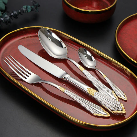 4/8/12/16/20/24/28 PCS Luxury Gold Plated Flatware Set Dishwasher Safe Cutlery Antique Silverware With Hollow Handle Table Knife