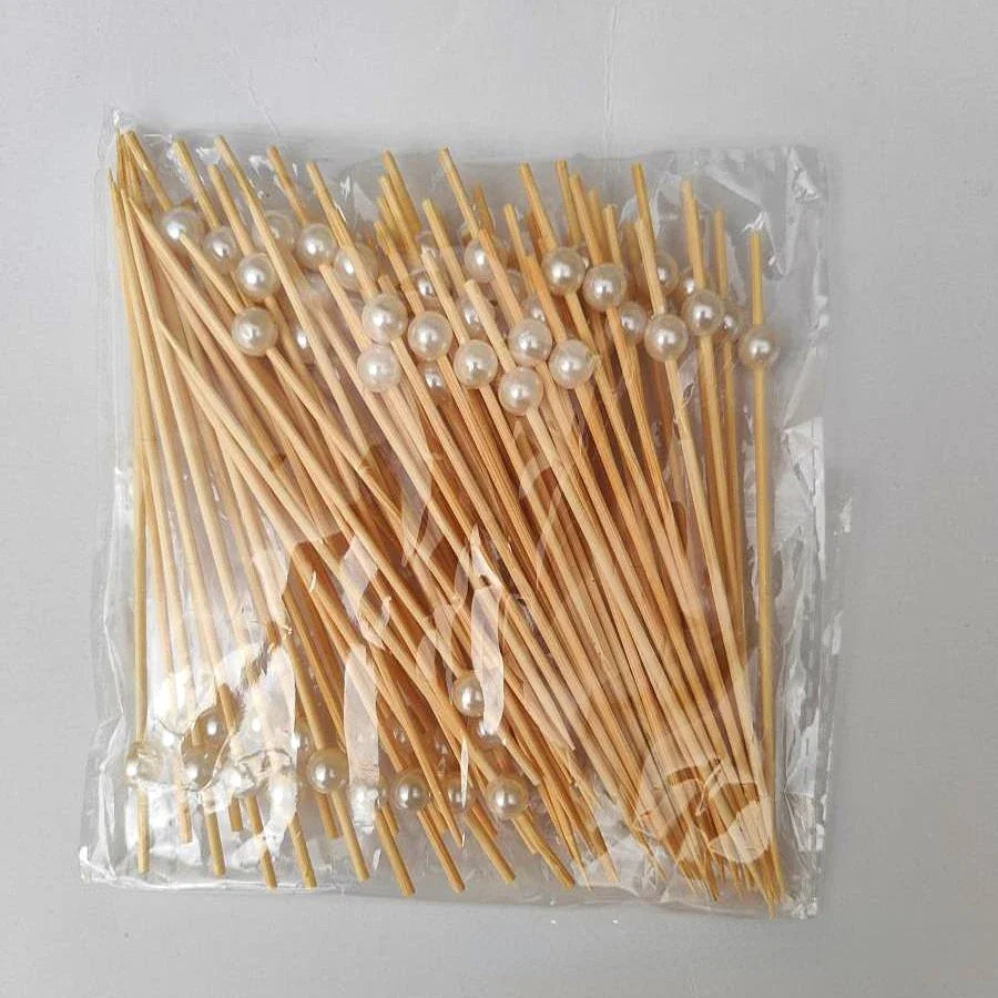 100Pcs Gold Beads Bamboo Fruit Sticks 12cm Fruit Salad Snack Fork Cocktail Decor Cake Buffet Toothpicks Wedding Party Supplies