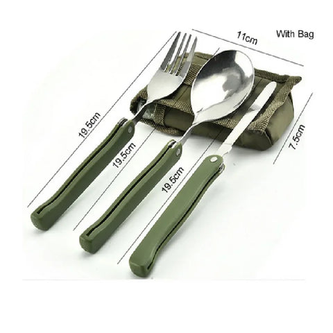 Stainless Steel Portable Folding Cutlery Set Fork Knife With  Green Pouch Survival Camping Bag Outdoor Cutlery Container