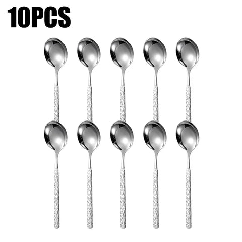 1/10pcs Stainless Steel Round Spoon Long Handle Dessert Spoons Restaurant Tableware Eating Spoon Soup Scoops Kitchen Gadgets