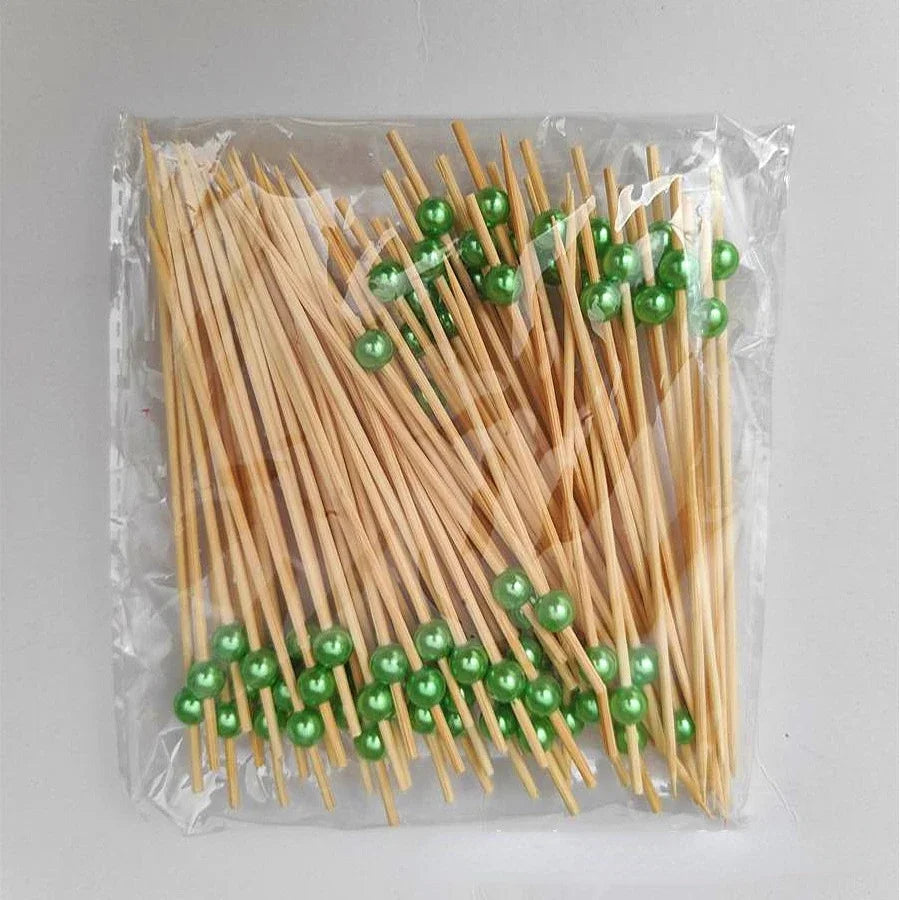 100Pcs Gold Beads Bamboo Fruit Sticks 12cm Fruit Salad Snack Fork Cocktail Decor Cake Buffet Toothpicks Wedding Party Supplies