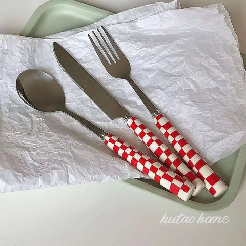 Korean Checkerboard Knife Fork Spoon Stainless Steel Cutlery Fork Knife Soup Dessert Ice Spoon Complete Dinner Dinnerware Set